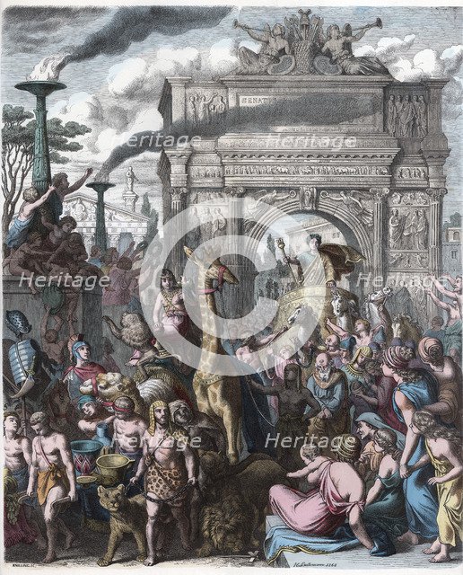 Triumphal procession entering the city of Rome, engraving 1868.