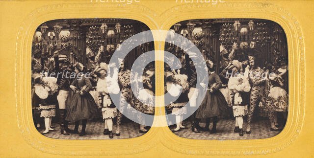 Party scene with people in costumes, 1860s. Creator: E Lamy.