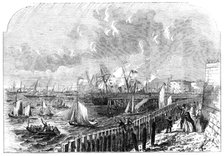 The Naval Review: the Queen's Yacht leaving Portsmouth Harbour, 1856.  Creator: Ebenezer Landells.