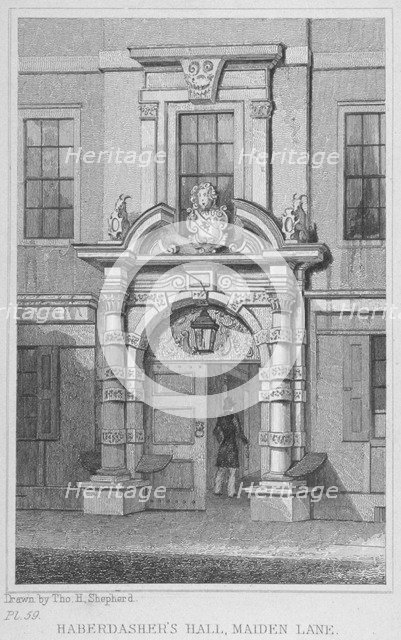 The old door of Haberdashers' Hall, City of London, 1830. Artist: W Watkins