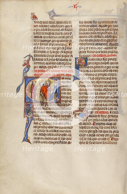 Initial U: A Man Pointing to a Heap of Grain and Two Men before a Judge, about 1290-1310. Creator: Unknown.