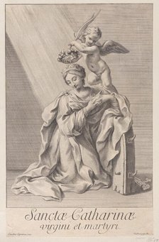 Saint Catherine of Alexandria, kneeling with her elbow resting on the spiked wheel, and an..., 1698. Creator: Nicolas Dorigny.
