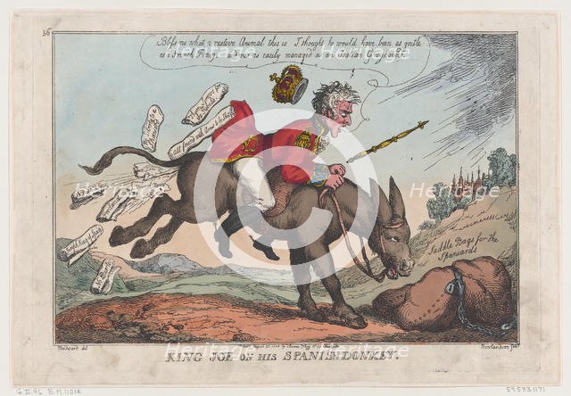 King Joe on his Spanish Donkey, August 27, 1808., August 27, 1808. Creator: Thomas Rowlandson.