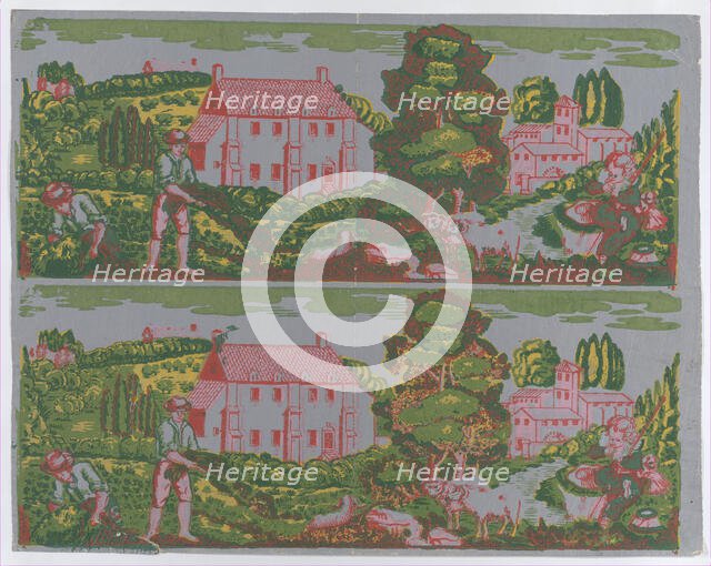 Sheet with two borders with pastoral landscapes on a gray background..., late 18th-mid-19th century. Creator: Anon.