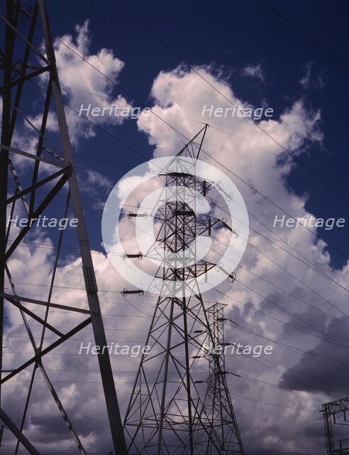 Transmission towers in the switchyard of TVA's Chickamauga Dam, near Chattanooga, Tenn., 1942. Creator: Alfred T Palmer.