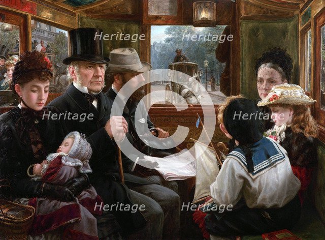 An Omnibus ride to Piccadilly Circus (Mr Gladstone travelling with ordinary passengers), 1885.  Creator: Morgan, Alfred (1862-1904).