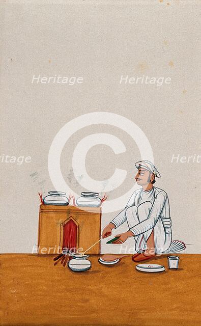 A servant serves food from a degchi (pot), while two other dishes are..., (between 1800 and 1899?). Creator: Unknown.