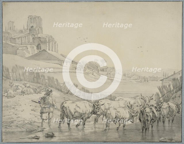 Shepherd with cattle on a river bank. Creator: Unknown.