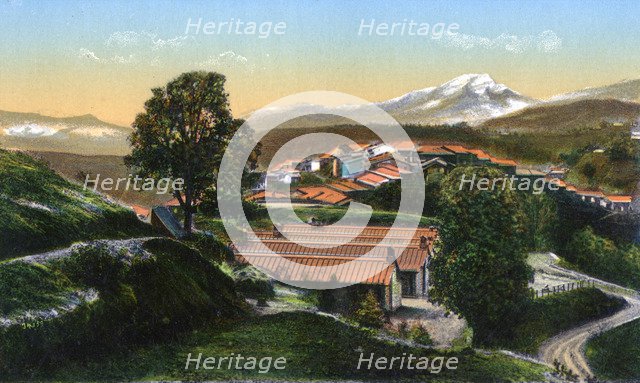 The barracks with distant snow-capped mountains, Chakrata, India, early 20th century. Artist: Unknown