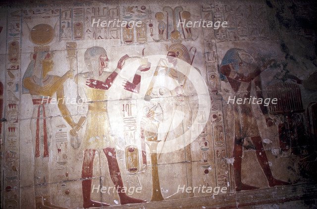 Painted relief of Sethos before Osiris, Temple of Sethos, Abydos, Egypt, 19th Dynasty, c1280 BC. Artist: Unknown