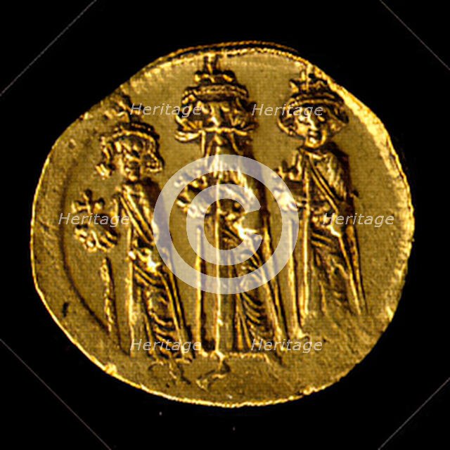 Solidus of Heraclius, Heraclius Constantine, and Heraclonas, Byzantine, 638-641. Creator: Unknown.