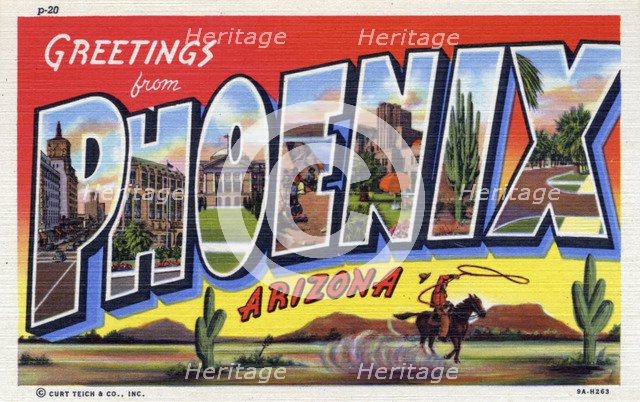 'Greetings from Phoenix, Arizona', postcard, 1939. Artist: Unknown
