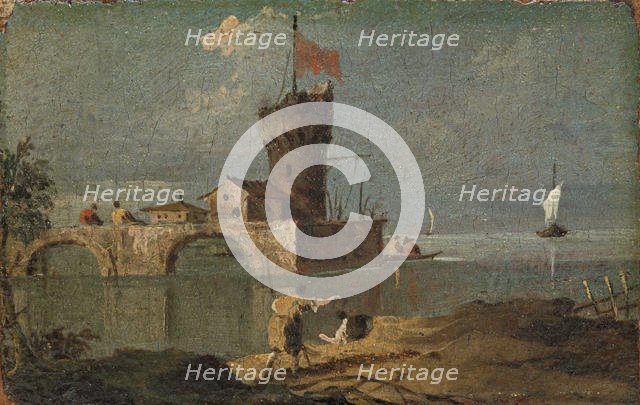 Capriccio with a Circular Tower, Two Houses, and a Bridge, 18th century. Creator: Unknown.