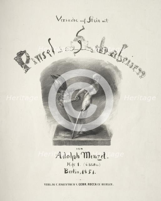 Essay on Stone with Brush and Scraper: Title Page, 1851. Creator: Adolph von Menzel (German, 1815-1905).