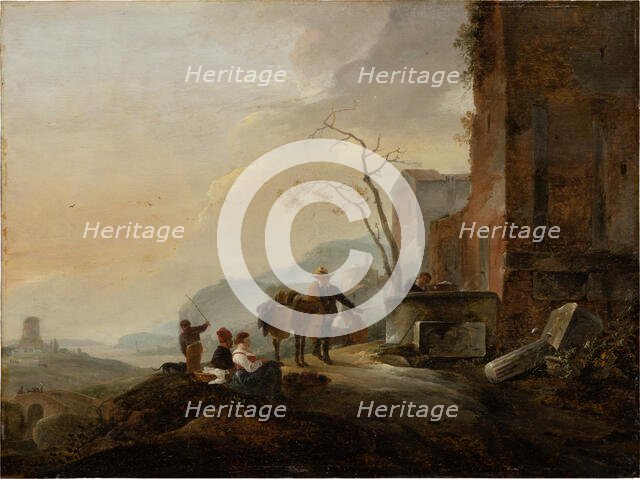 Italian Landscape with Figures at a Fountain among Antique Ruins, c1645-1650. Creator: Thomas Wijck.