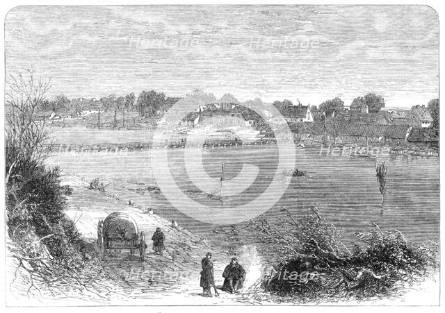 The War in Denmark: village of Eckersünde and bridge of boats..., 1864. Creator: Unknown.