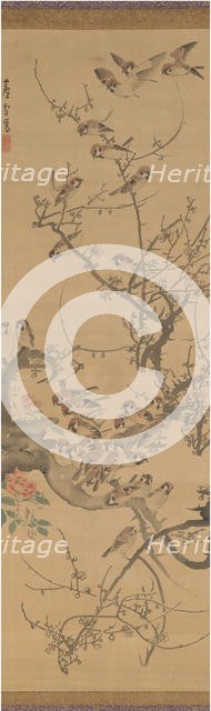 Sparrows in a Plum Tree, early 1790s. Creator: Nagasawa Rosetsu.