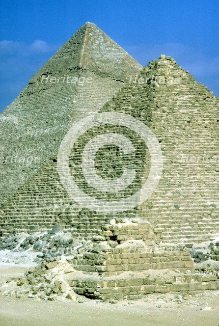 Pyramids of Khafre on left and of Mycerinus on right, Giza, Egypt, c26th century BC. Artist: Unknown