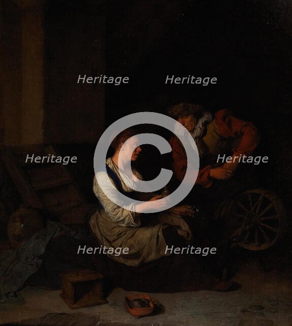 A Cavalier and a Woman at the Spinning Wheel, 1662. Creator: Bega, Cornelis Pietersz. (1631/2-1664).