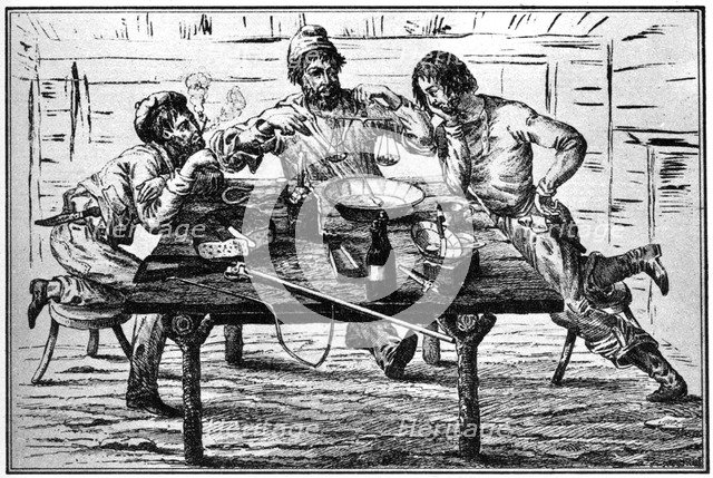 Miners weighing their gold, 19th century (1937).Artist: Britton & Rey