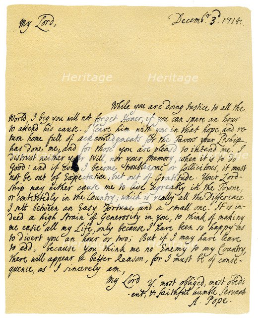 Letter from Alexander Pope to Charles Montagu, 3rd December 1714.Artist: Alexander Pope