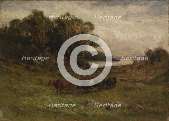 Untitled (five cows grazing with trees and river in background). Creator: Edward Mitchell Bannister.
