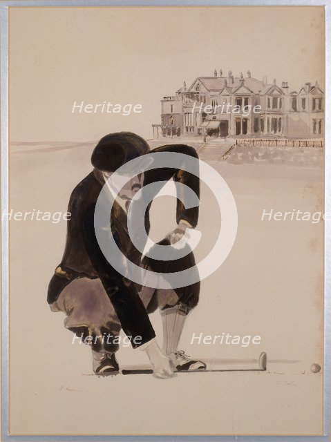 Print of golfer lining up putt, early 20th century. Artist: Unknown