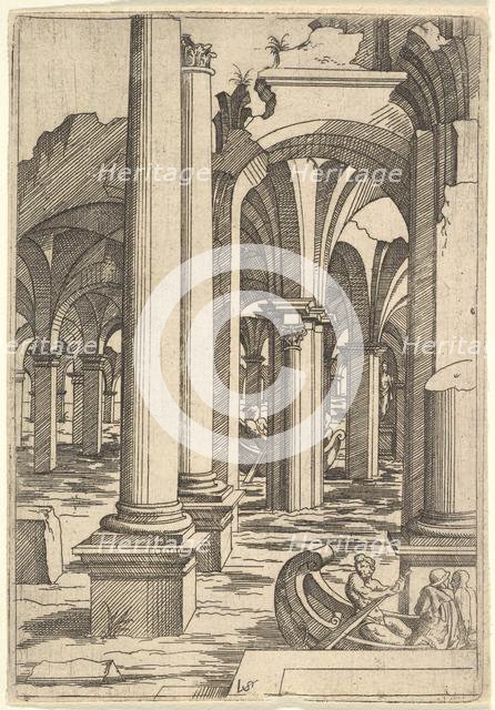 Boats Rowed Through Inundated Ruins, ca. 1550-62. Creator: Virgil Solis.