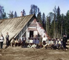 Austro-Hungarian prisoners of war near a barracks, Karelia, Russia, WWI, 1915.  Artist: Sergey Mikhaylovich Prokudin-Gorsky