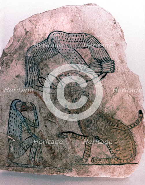 Ostracon Fragment, Cheetah, Bird and Monkey, Egypt Artist: Unknown