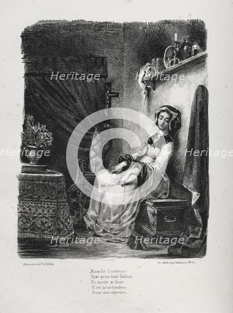 Illustrations for Faust: Marguerite with the wheel, 1828. Creator: Eugène Delacroix (French, 1798-1863); Chez Ch. Motte, Éditeur, distributed by Chez Sautelet, Libraire.