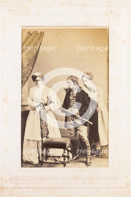 Three men, one in drag, acting out a scene, [between 1890 and 1899?]. Creator: Unknown.