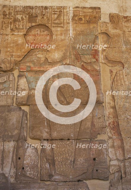 Ramesses II with Ra-Harakti (Horus of the Horizon), Temple of Seti I, Abydos, New Kingdom, (2003). Creator: LTL.