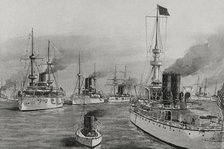 Spanish-American War (1898): from left to right: USS Texas, USS Cushing and USS Indiana, 1898. Creator: Enrique Laporta Valor.