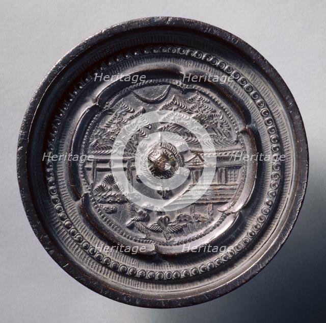 Mirror with a Tortoise Knob and Magpies, early 17th - mid 19th century. Creator: Unknown.