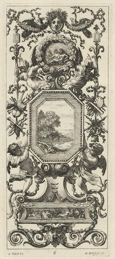 Ornamental Panel Surmounted by the Crowned Head of a Woman and Two Peacocks, 1647. Creator: Michel Dorigny.