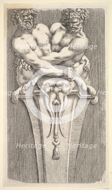 Design for a Term with Two Bacchic Figures, from: Curieuses recherches de plusieurs beaus ..., 1645. Creator: Jean le Pautre.