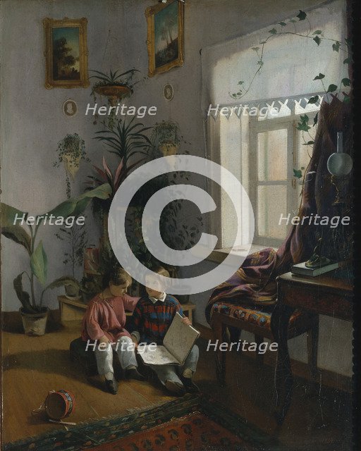 In the room. Young boys looking at book, 1854. Artist: Khrutsky, Ivan Phomich (1810-1885)