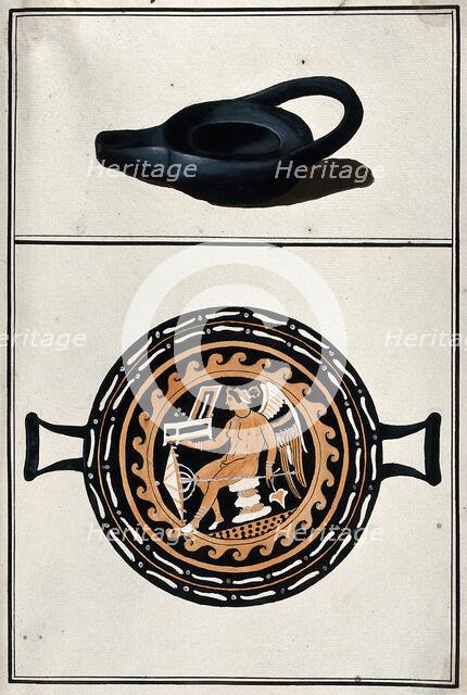 Above, black lamp; below, drinking vessel with two handles, decorated with a winged..., 1760-9. Creator: Augustin Dahlsteen.