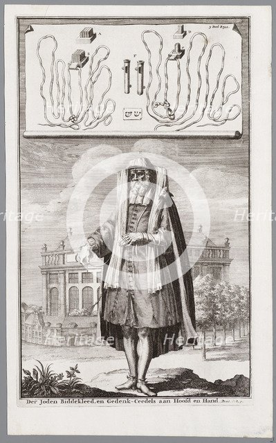 Jewish man, dressed for prayer. On the background the Portuguese Synagogue of Amsterdam. Artist: Luyken, Jan (Johannes) (1649-1712)