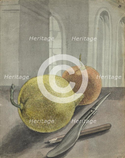 Still life with fruit, knife and pencil., 1779-1785. Creator: Jan Brandes.
