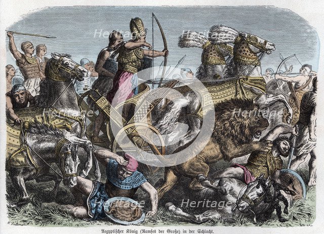 Ancient History. Egypt. King Ramses the Great in a battle. German engraving, 1865.