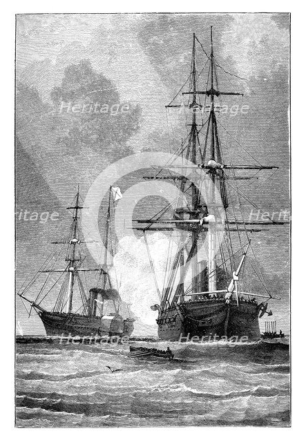 The 'San Jacinto', stopping the 'Trent', 1861. Artist: Unknown