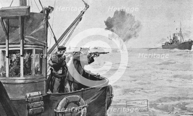 'La flotte d'avant-garde; le dragage des mines. Une mine remotee a la surface fait explosion...,1916 Creator: Frederic de Haenen.