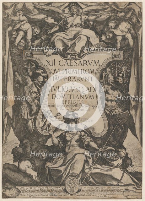 Frontispiece with a trumpeter sounding trumpets seated on top of a cartouche flanked by tr..., 1606. Creator: Raffaello Schiaminossi.