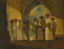 A group of musicians playing Sarangi, a Tambura and Tablas. Creator: Hodges, William (1744-1797).