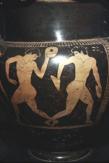 Greek Vase painting, Athletes with jumping-weights, found in Etruscan burial, c6th century BC. 