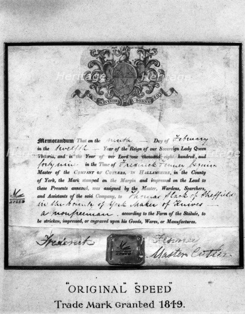 Trademark certificate, 1849 (1963). Artist: Michael Walters