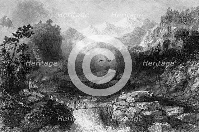 'Crossing by a Sangha, near Jumnootree', 1845. Creator: Unknown.