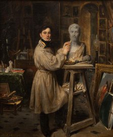 Jean-Pierre Dantan (1800-1869), in his studio, modelling the bust of Lepaulle, c1835. Creator: Francois-Gabriel-Guillaume Lepaulle.